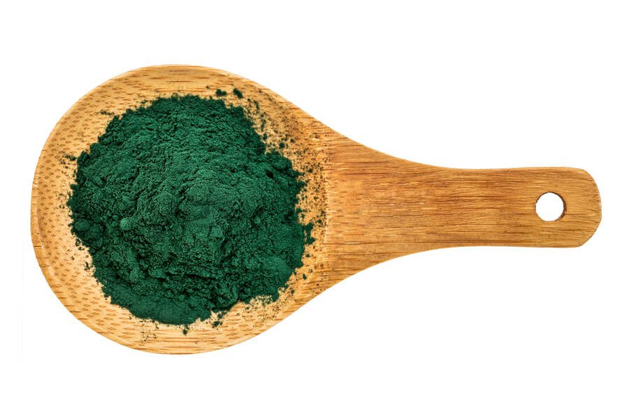 Nutrient-rich organic chlorella powder on a wooden spoon